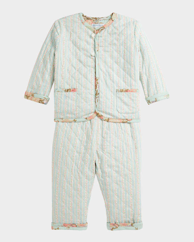 Girl's Quilted Floral-Print Reversible Two-Piece Set, Size 3M-24